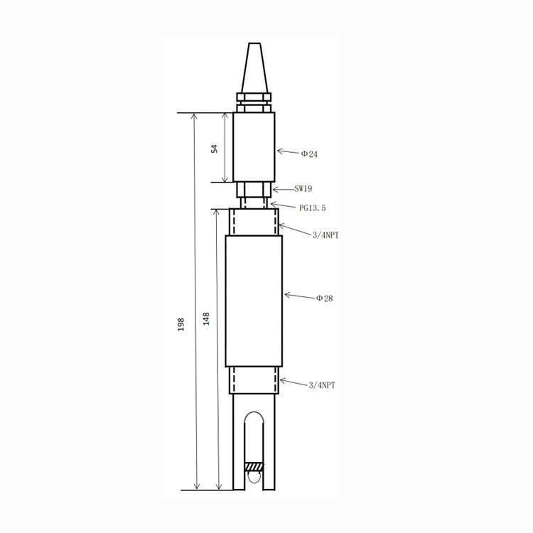 BS-PHS276 Liquid-Cooled pH Sensor dimensions drawing - 198mm overall length, 3/4 NPT threads