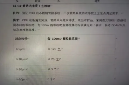 某CDU管路系统洁净度要求